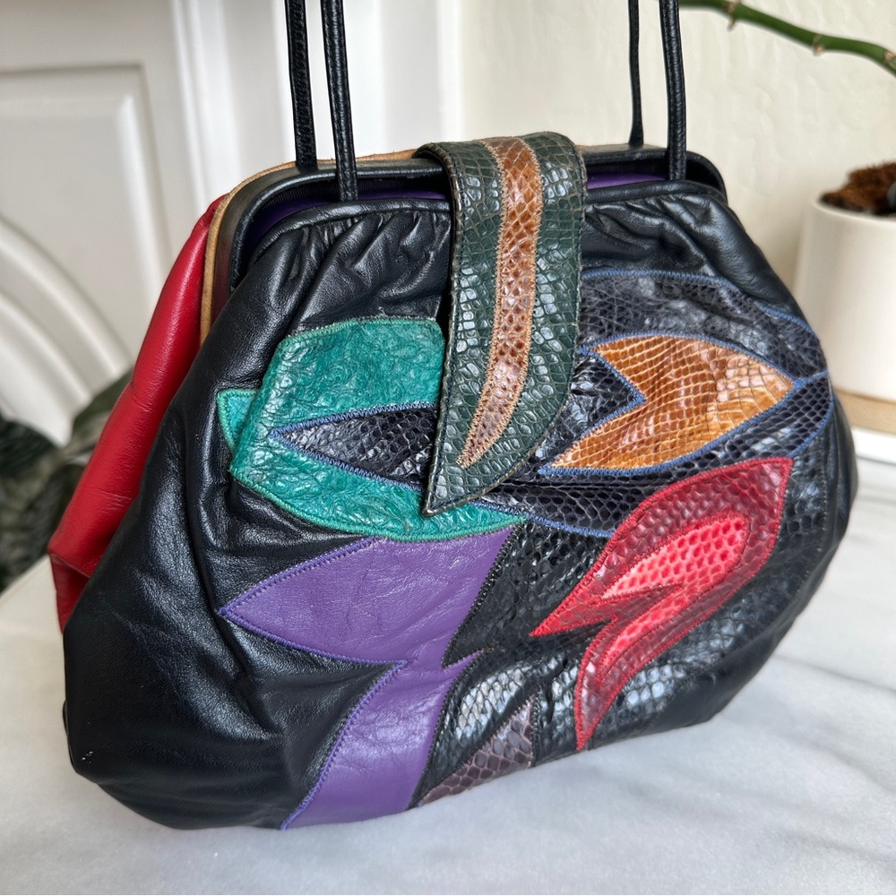 VINTAGE • 80s Jewel Tone Leather Crossbody Bag Punk Bohemian Boho Weird Girl - Picture 3 of 16